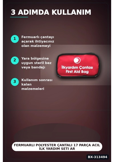 Fermuarlı Polyester Çantalı 17 Parça Acil İlk Yardım Seti Araba Ev Ofis Bx-313494