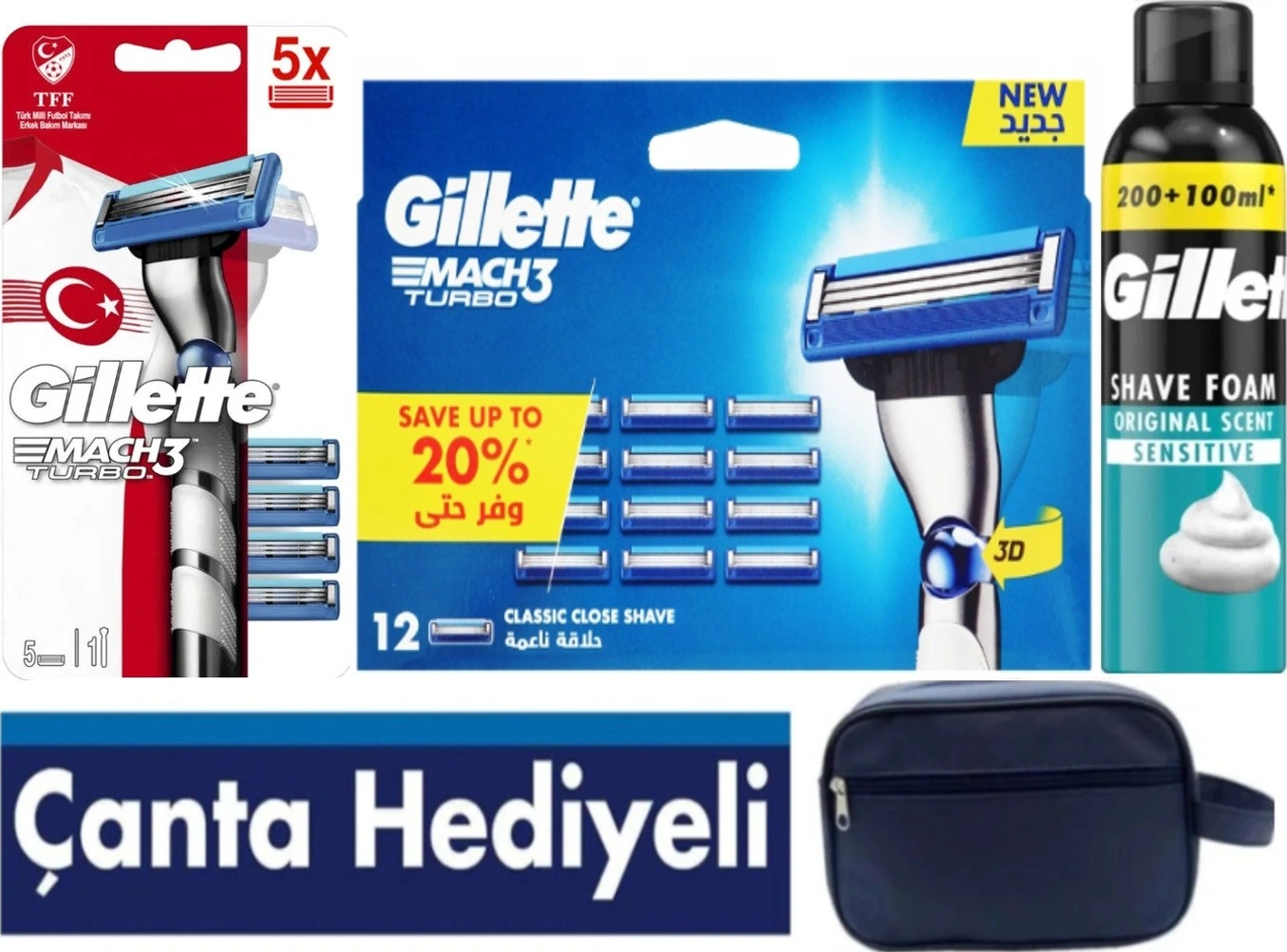 Mach3 Turbo 3d Makine 17 Adet Yedek Tıraş Bıçağı 250 Ml Köpük Seyahat Çantası