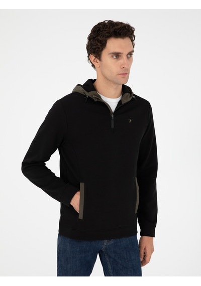 Siyah Regular Fit Pamuk Karışımlı Yarım Fermuarlı Kapüşonlu Sweatshirt