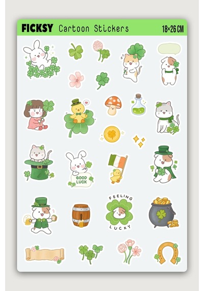 Kawaii Stili Sevimli Hayvanlar 4 Yapraklı Yonca Temalı Sticker Seti - 26 Adet Etiket Çıkartma Diğer