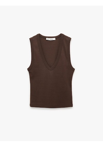 Koton Kolsuz Pamuklu Slim Fit V Yaka Bluz Kahverengi 6sal30077ık Kahve