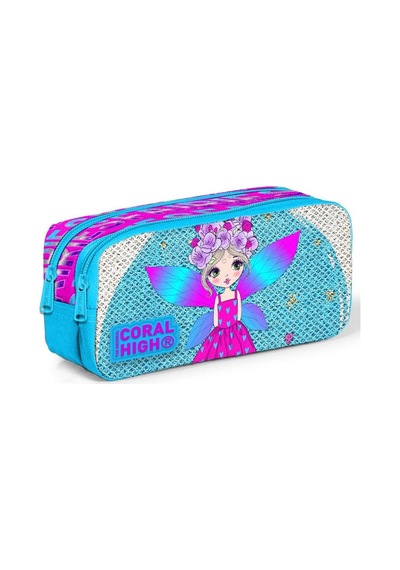 Coral High Kids Pembe Mavi Peri Desenli Simli İki Bölmeli Kalem Çantası 22399 Çok Renkli