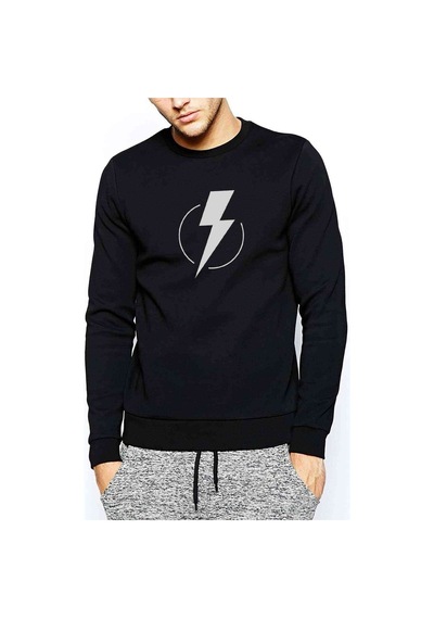 Flash Lightning Baskılı Siyah Erkek Örme Sweatshirt