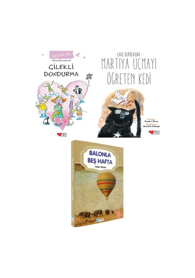 Evrensel Balonla Beş Hafta - Sevim Ak Çilekli Dondurma - Martıya Uçmayı Öğreten Kedi 3 Kitap