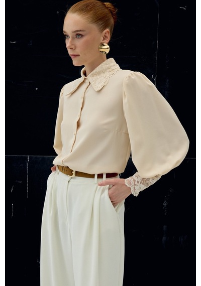 Sateen Dantel Manşetli Gömlek - Bej-137048 bej