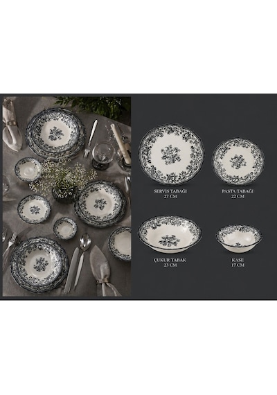 Porser Porselen Velour Antrasit Fulya Yemek Seti 6 Kişilik 24 Parça Gri