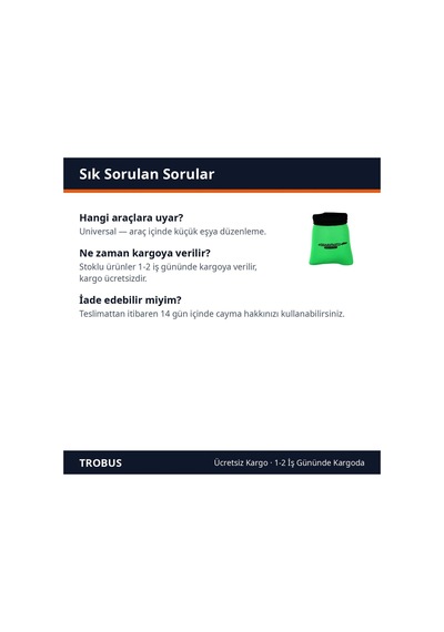 Trobus Araç İçi Akıllı Cep Organizer Neopren Yeşil