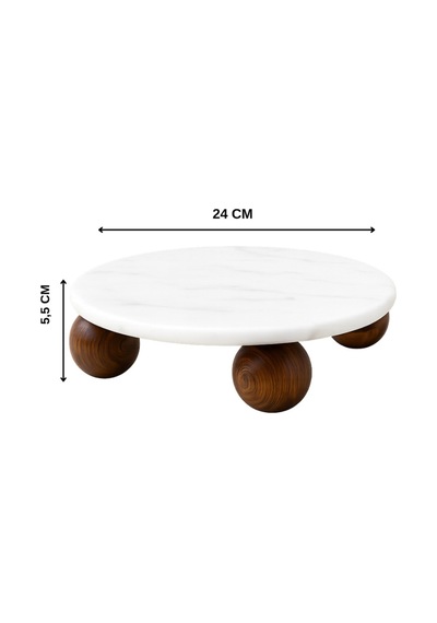 Yuvarlak Akasya Top Ayaklı Mermer Kahvaltılık Sunumluk Sunum Tabağı 25 Cm Beyaz