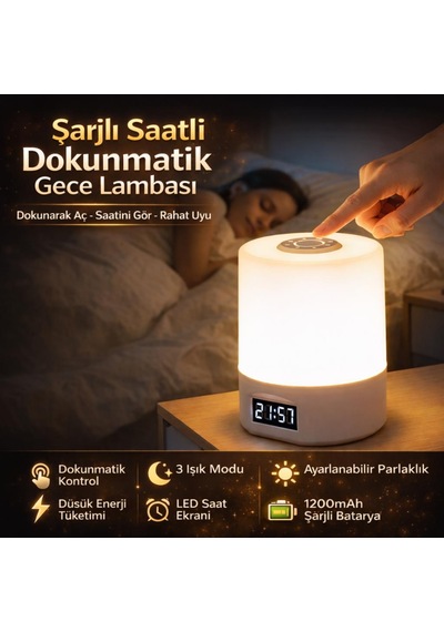 Coofbe Parlaklık Ayarlı Şarjlı Saatli Masa Lambası Gece Lambası Led Göz Korumalı Masaüstü Saat Gece Lambası Beyaz