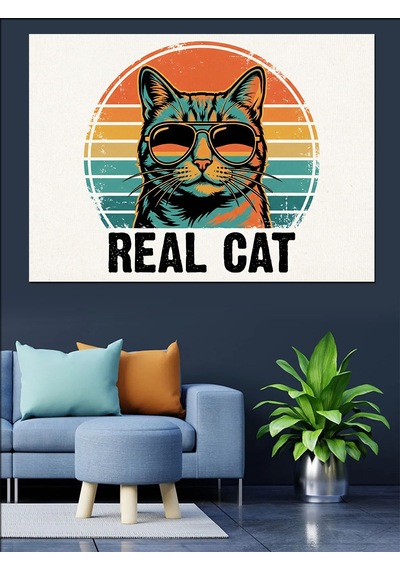 Ahşap Tablo Gözlüklü Cool Karizma Kedi Portresi