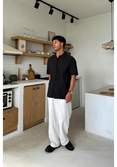 Flaw Keten Oversize Kısa Kol Gömlek Siyah-25769 Siyah