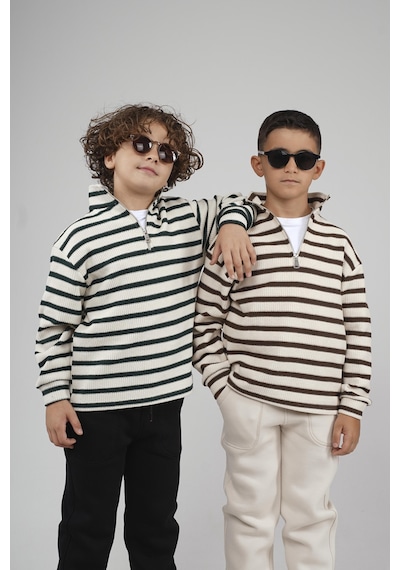 King-Brich Kingbrich Kids Oversize Kalıp Çizgili Yakası Fermuarlı Sweatshirt Kahve