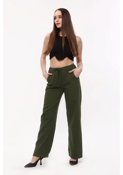 Kene Jeans Kadın Haki Beli İpli Lastikli Bol Paça Pantolon Haki
