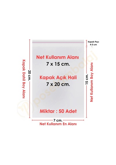 7x15+5 Cm. 7x20 50 Adet Şeffaf Bantlı Yapışkanlı Opp Poşet