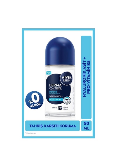Men Erkek Roll-on Deodorant Derma Control Defend 50ml, 72 Saat Anti-perspirant, Alkolsüz, Hyaluron