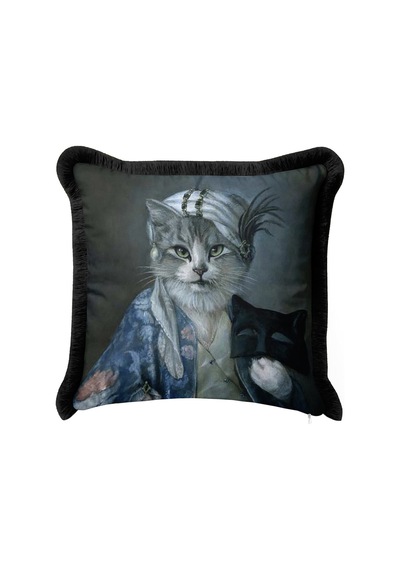 Avangart Kedi Portresi Saçaklı Yastık Kılıfı - Maskeli Figür Nostaljik Siyah Püsküllü Kırlent Kılıfı Tozlu Okyanus Taba Avangart Kedi Portresi Saçaklı Yastık Kılıfı - Maskeli Figür Nostaljik Siyah Püsküllü Kırlent Kılıfı Tozlu Okyanus Taba