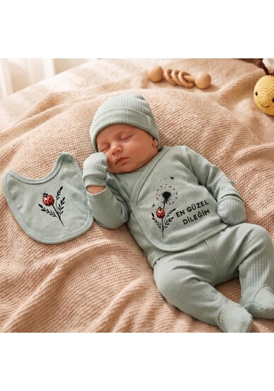 Lexroo %100 Pamuk Yenidoğan Bebek Hastane Çıkış Seti En Güzel Dileğim Yazılı Yeşil 5'li Bebek Takımı