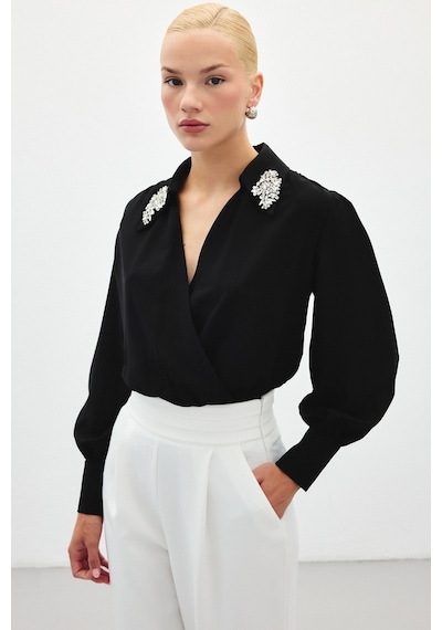 Sateen Aksesuar Detaylı Bodysuit Bluz - Siyah-134783