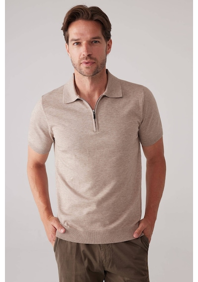 Erkek Vizon Slim Fit Yarım Fermuarlı Pamuk-kaşmir Polo Tişört