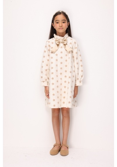 Le Mabelle Bej Yıldız Desenli Kız Çocuk Gabardin Elbise - Poppy Bej