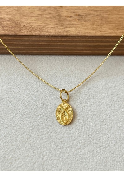 925 Ayar Gümüş Balık İşli Gold Renginde Zincirli Gümüş Kolye 45 Cm