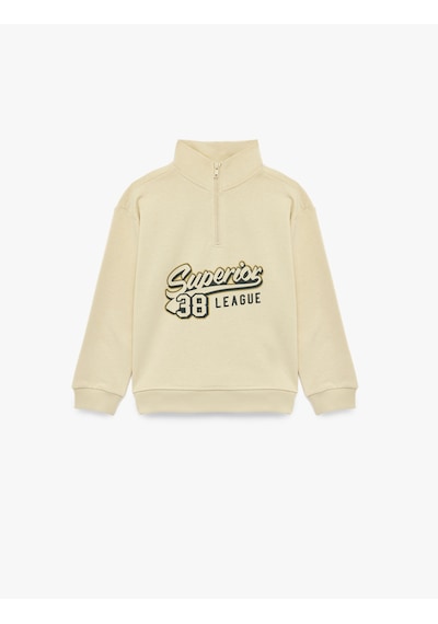 Koton Baskılı Fermuarlı Uzun Kollu Pamuklu Dik Yaka Sweatshirt Bej 7wkb10298tk Ekru