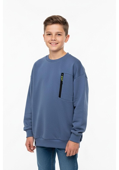 Bisiklet Yaka Cep Fermuar Detaylı Erkek Çocuk Sweatshirt-90853 İndigo