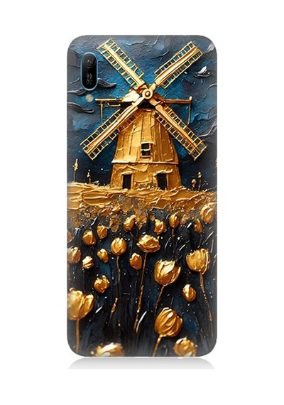 Huawei Y6 2019 Uyumlu Değirmen Önünde Altın Laleler Desenli Silikon Kılıf Çok Renkli