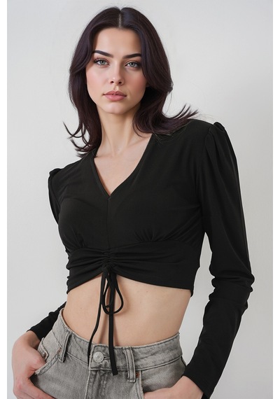 Hiccup Bdart Drapeli V Yaka Dikişli Crop Top Siyah