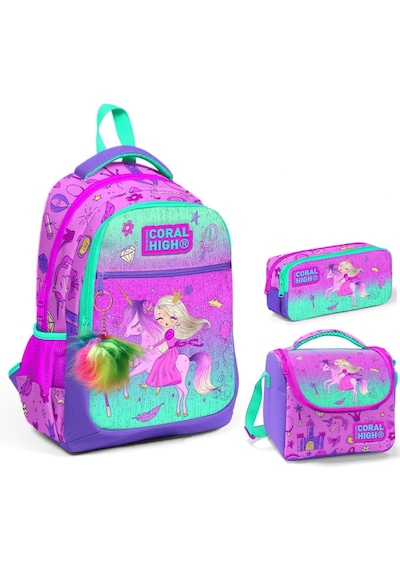 Coral High Kız Çocuk Pembe Yeşil Unicorn Ve Prenses Üçlü İlkokul Okul Çanta Seti