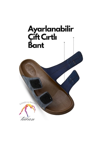 Sermoda Erkek Terlik - Çift Cırtlı Ayarlanabilir Esnek Taban Deri Erkek Terlik C Lacivert