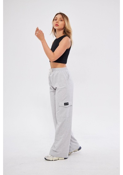 Lesa Wear Kargo Cepli Palazzo Pantolon Oversize Kesim Gri Melanj