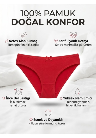 Hepsine Rakip 6'lı Tutku Kadın Pamuklu Fiyonklu İnce Bel Bikini Külot Seti Kırmızı