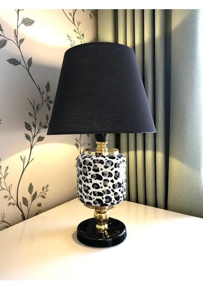 Abajur - Oval Gri Leopar Desen Siyah Şapka Gold Gri - Siyah