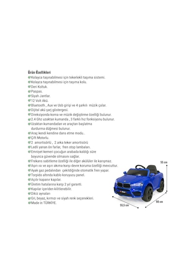 Blade Gt 12v Uzaktan Kumandalı Bluetooth Ve Usb Destekli Led Farlı Emniyet Kemerli Çocuk Akülü Araba Mavi