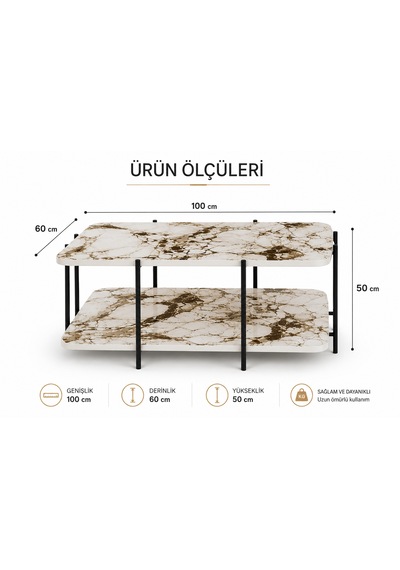 Atlas Orta Sehpa , İki Katlı Orta Sehpa , 60 X 100 Orta Sehpa Beyaz Mermer