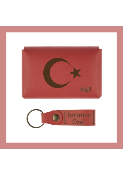 Miaju Nar Çiçeği, Ayyıldız Desenli, İsmine Özel Cüzdan Ve Anahtarlık Seti, Kişisel Hediyelik Alternatifi Nar Çiçeği