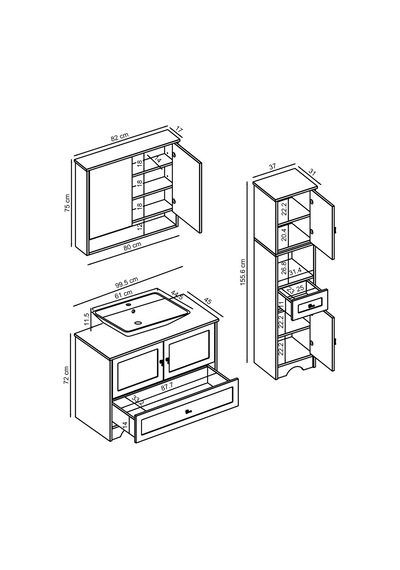 Lavabolu Mdf 100Cm Çekmeceli Banyo Dlp + Aynalı Üst Dlp + Boy Dlp Beyaz - Atlantik Çam