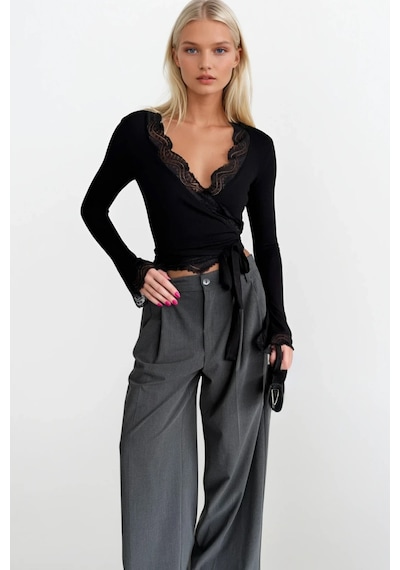 Black Fashion Kruvaze Bağlamalı Dantelli Siyah Bluz