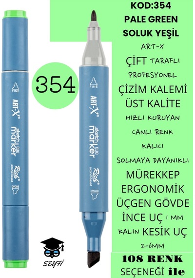 Çift Taraflı Profesyonel Çizim Kalemi Kalıcı Mürekkep Üçgen Gövde İnce Uç 1 Mm Kesik Uç 2-6mm Sketch 354-soluk Yeşil