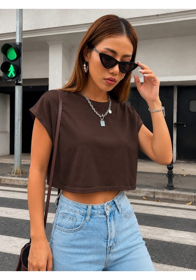 Bonnywıll Bonnywılll Bisiklet Yaka Düşük Kol Crop T-shırt Kahverengi