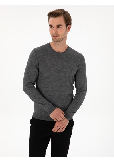 Cacharel Füme Slim Fit Yün Karışımlı Bisiklet Yaka Basic Triko Kazak Gri