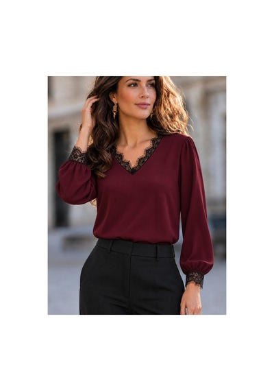 Butik İstanbul Kadın Uzun Kollu V Dantel Yakalı Janjan Krep Bluz Bordo