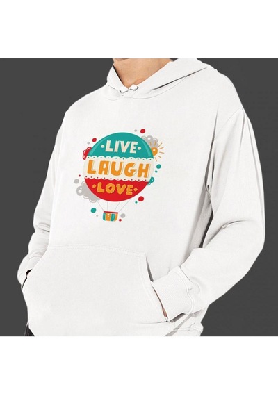 Sevgililer Gününe Özel Live Laughe Love Temalı Cepli Kapşonlu Sweatshirt Beyaz