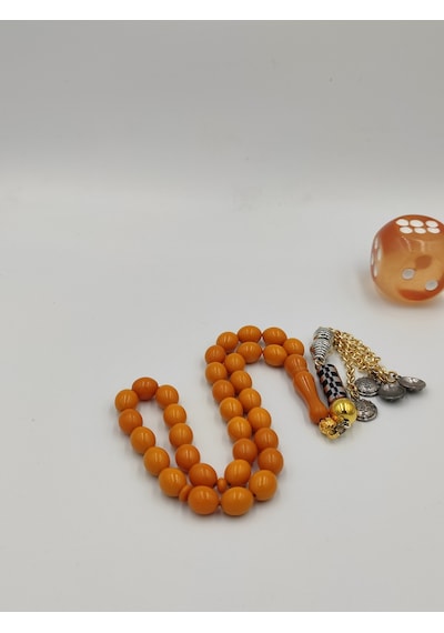 Usta İşcilikli Sarı Katalin Kehribar Tesbih 7 11 Mm Arpa Kesim Gümüş Kaplama Püskül Koyu Sarı