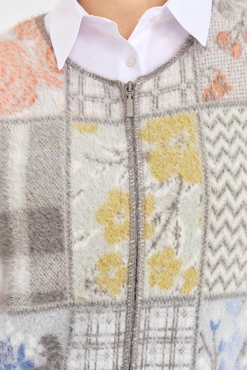 Desen Triko Kadın Sıfır Yaka Patchwork Yelek K.gri K.GRİ