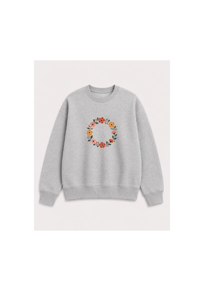 Herkesemoda Halka Çiçekler Baskı Detaylı Şardonlu 2 İplik Bisiklet Yaka Sweatshirt Gri