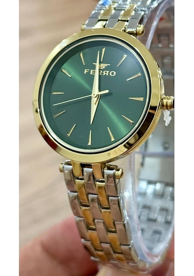 Ferro Fl21331a-d6 Quartz Çelik Altın/gri Yeşil Kadran 34 Mm Kadın Kol Saati 56266316