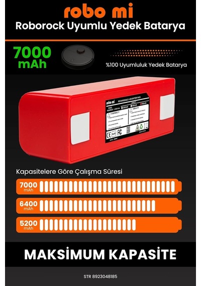 Robo Mi Robot Süpürge Bataryası, Roborock S7 İle Uyumlu 7000mah, Yedek Pil, Kırmızı Tek Renk