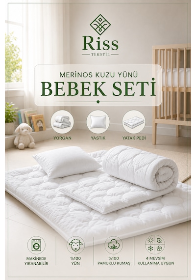 Riss Tekstil %100 Yün Dolgulu Bebek Uyku Seti Yün Yorgan + Yün Yatak Pedi + Yün Yastık